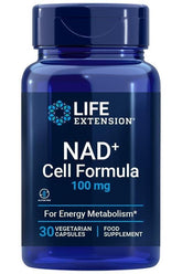 Life Extension NAD+ Cell Formula 100 mg, 30 vegetarian capsules for energy metabolism supplement.